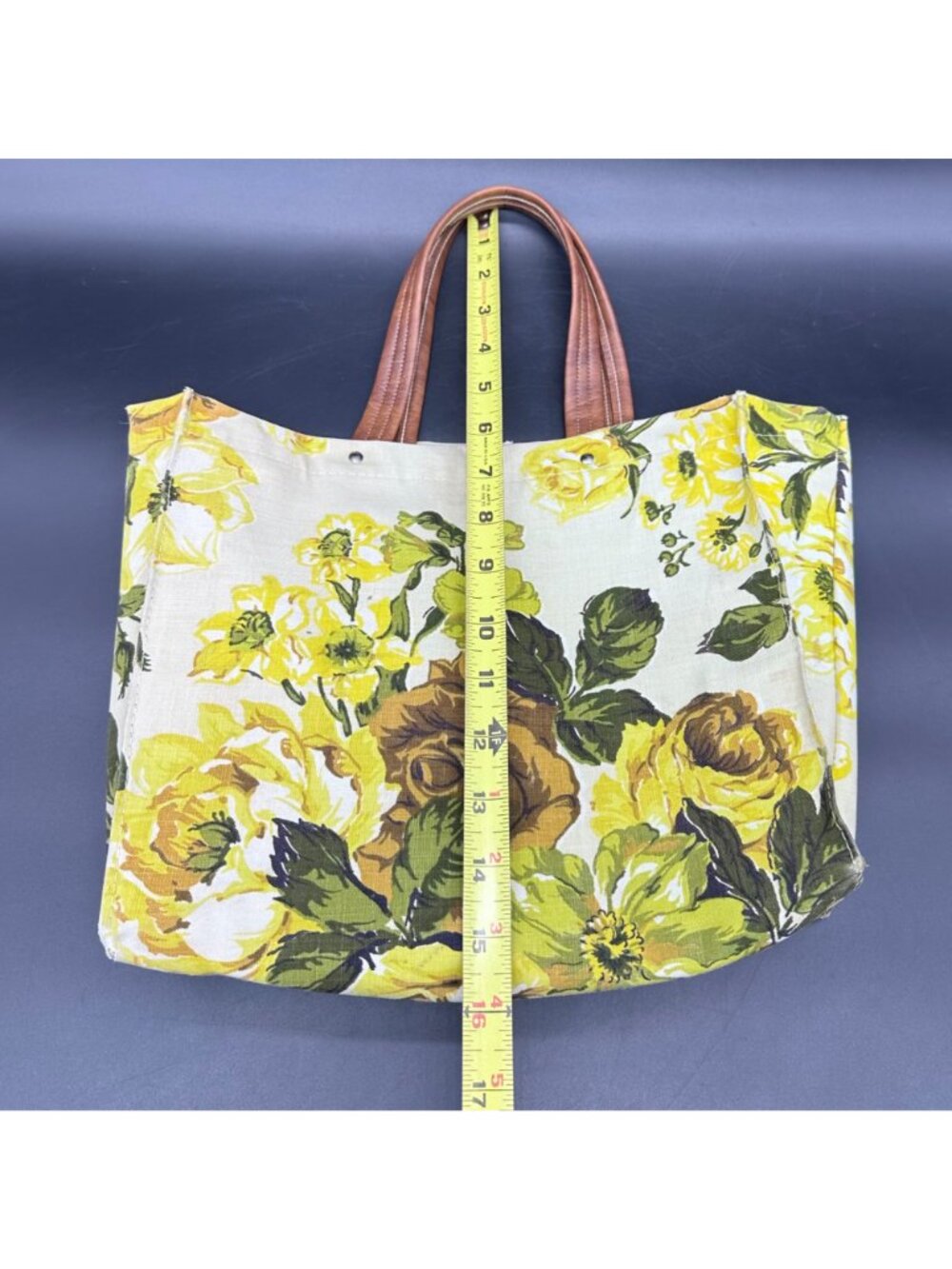 Vintage Floral Canvas Tote Bag Top Handle Purse Handbag Yellow Rose Mid Century - Picture 10 of 12